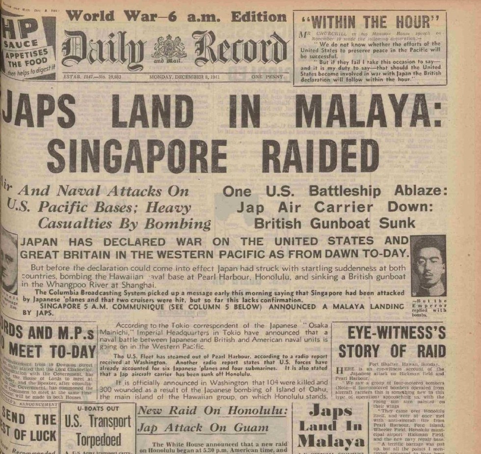 Image result for japanese attack british malaya and singapore, december 8, 1941 - newspaper